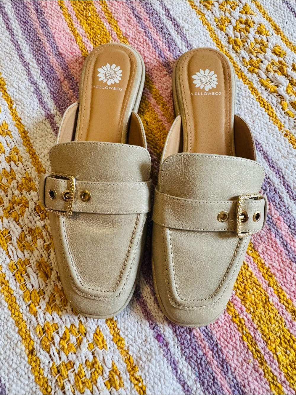 Yellow Box Metallic Gold Buckle Backless Mules